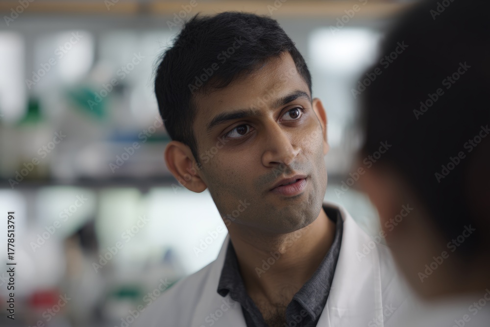 Fototapeta premium Young Scientist Engaged in Conversation in Modern Laboratory Setting