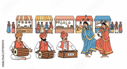 Illustration of traditional Indian musicians performing with a dancer in front of market stalls.