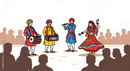 Illustration of traditional Indian musicians performing with a dancer in colorful outfits before an audience.