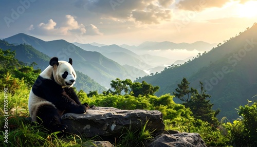 A panda rests on a rock, overlooking lush green mountains at sunset with clouds and mist