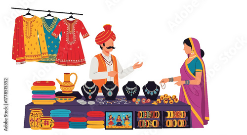Illustration of a man and woman in traditional Indian attire shopping for colorful clothing and pottery at a vibrant market stall.