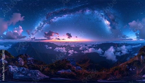 A panorama of a mountain range under a stunning, star-filled night sky with clouds and sunrise glow