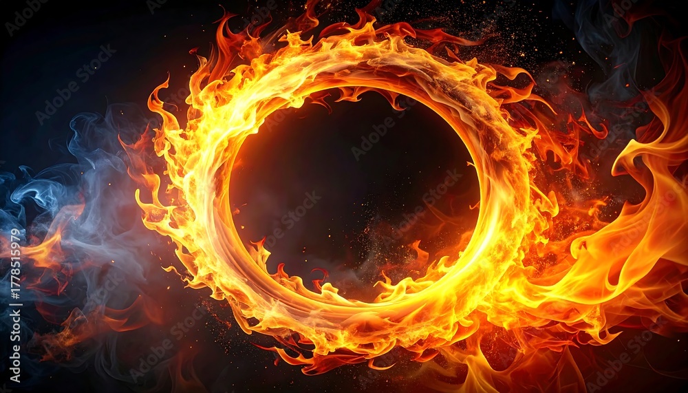Fototapeta premium A ring of fire with blue smoke accents on dark background