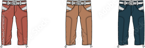 Set of women's technical capri pants with integrated belts. Vector illustration of outdoor apparel flat sketches in three color variations