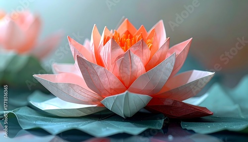 A paper lotus blossom, center focus, with another lotus out of focus in the background. Subtle, clean, floral theme