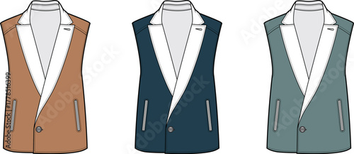 Collection of women's sleeveless blazer vests with single button closure, isolated fashion flat technical drawing templates