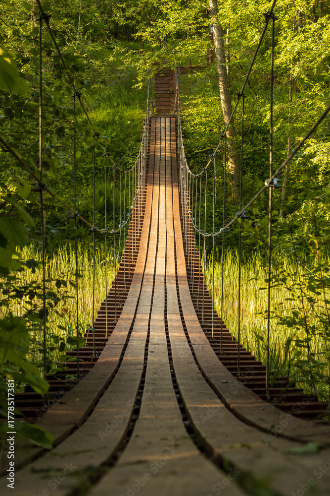 Obraz premium Wooden suspension bridge over a forest river. Beautiful summer landscape with a pedestrian suspension bridge. Hiking trail in a forest area. Traveling and hiking in the forest. Ecological tourism.