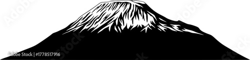 Mt Kilimanjaro silhouette – Black silhouette of Mount Kilimanjaro featuring its iconic snow-capped peak and rugged contours. Vector black clipart illustration design.
