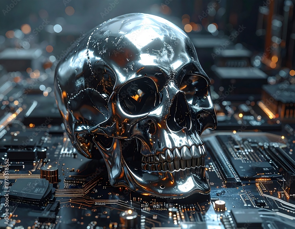 Fototapeta premium Metallic skull sits on a computer motherboard, lit by lights