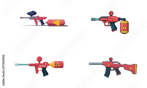 Colorful paintball gun collection with modern sport weapon equipment design
