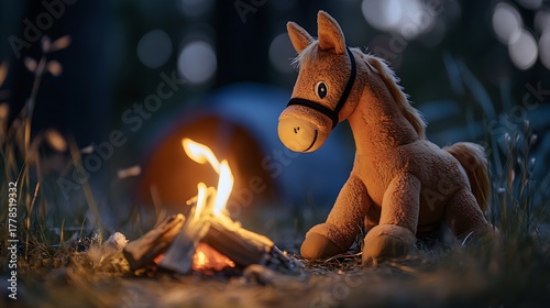 Stuffed horse enjoying a make believe campfire