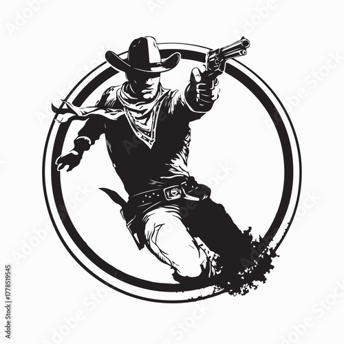 Brave Cowboy in Action with Gun Vector Illustration on white background