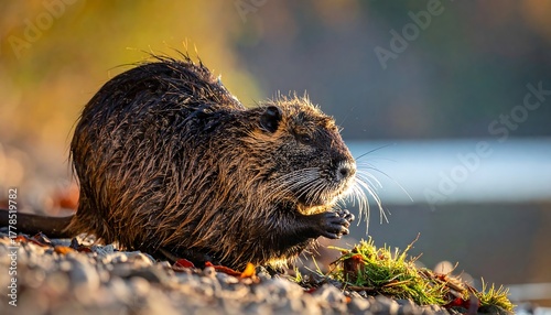 Fototapeta Naklejka Na Ścianę i Meble -  A rodent-like animal sits by a shoreline, illuminated by golden light, eating something small it holds in its paws
