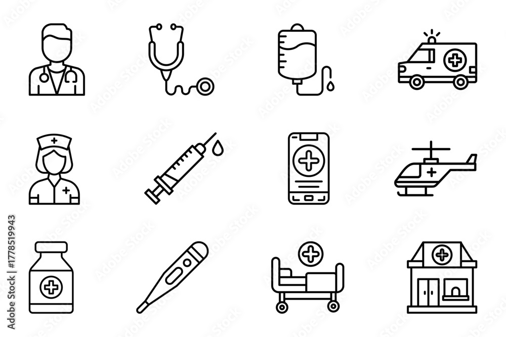 Fototapeta premium Doctor profession icon set on white background. Symbol of doctor, nurse, injection, syringe, stethoscope, hospital bed, ambulance, hospital. Medical outline. Set vector line icons medical equipment
