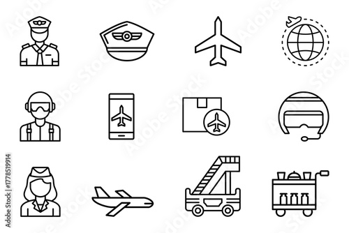 Pilot profession icon set on white background. Symbol of  pilot, plane, stairs, delivery, food, drink, flight attendant. Airplane crew outline. Set vector line icons aircraft