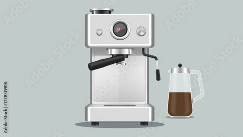 Black espresso machine and steel cup appliance for science research on white background