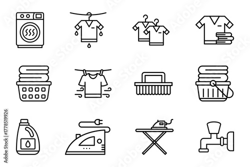 Laundry equipment icon set on white background. Symbol of laundry, iron, washing machine, hanger, clothes, brush, detergent, ironing board. Laundry equipment outline. Set vector line icons laundry