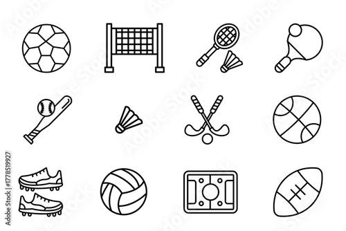Sports icon set on white background. Symbol of ball, soccer, rugby, tennis, badminton, volley, shuttlecock, baseball, basket, field, golf. Sports gear outline. Set vector line icons sports supplies