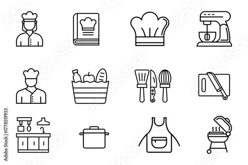 Chef profession icon set on white background. Symbol of chef, recipe, apron, kitchen, kitchen utensils, grocery, mixer. Chef outline. Set vector line icons cookware