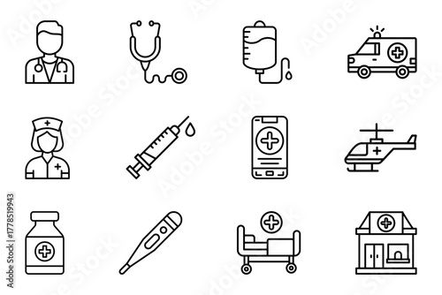 Doctor profession icon set on white background. Symbol of doctor, nurse, injection, syringe, stethoscope, hospital bed, ambulance, hospital. Medical outline. Set vector line icons medical equipment