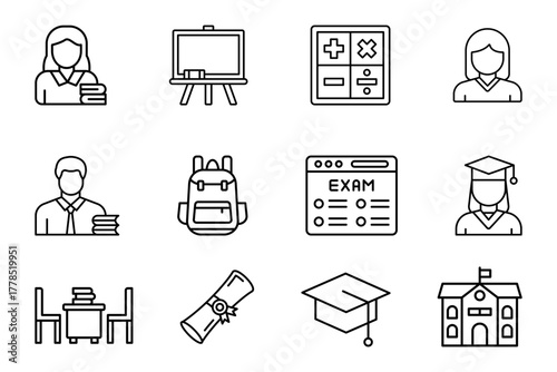 Teacher profession icon set on white background. Symbol of teacher, school, student, back, board. School outline. Set vector line icons back to school