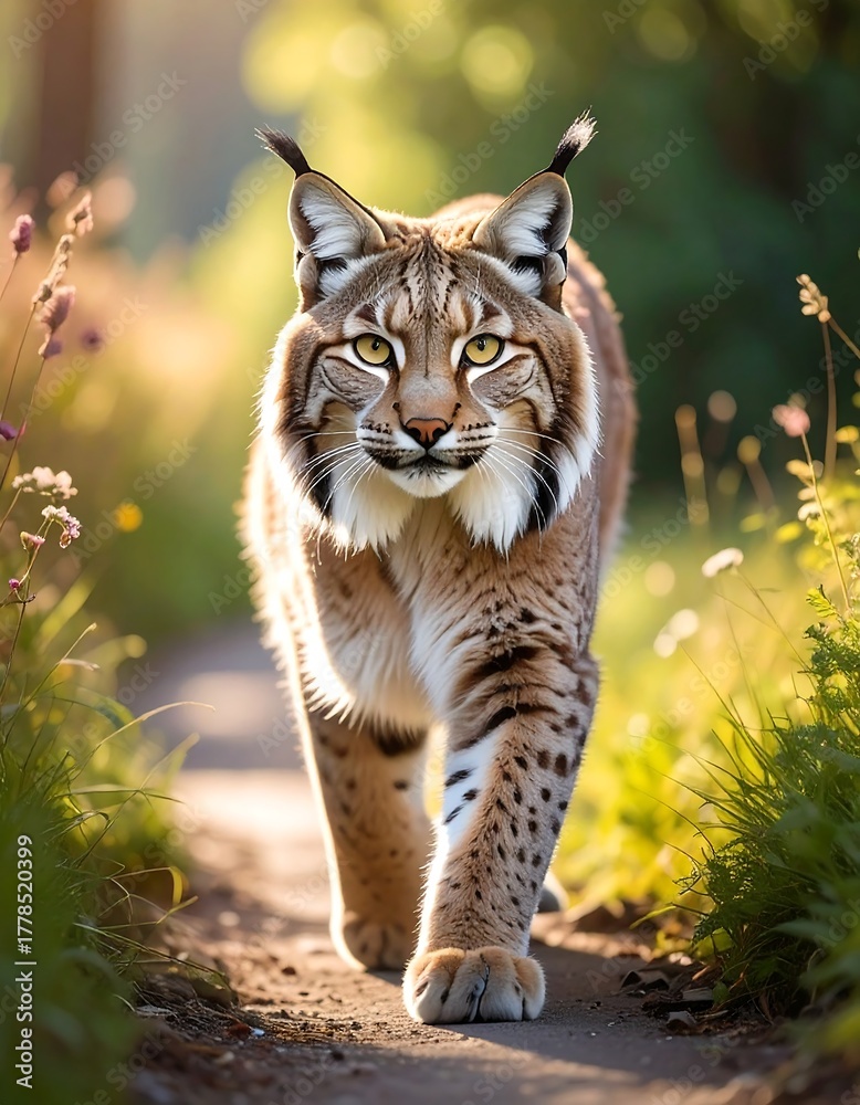 Obraz premium A lynx walks towards the viewer on a forest path with warm lighting
