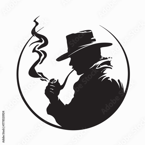 Mysterious Detective Silhouette with Smoking Pipe Vector on white background
