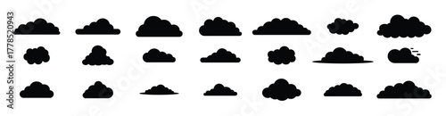 Set of stylized dark clouds in silhouette. Clouds Silhouette Set, Various Shapes Collection on Transparent Background Resource, vector illustration.