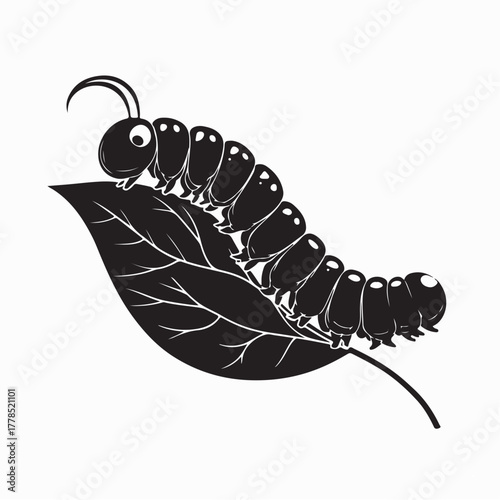 Caterpillar Walking on Leaf Silhouette Vector isolated on white background