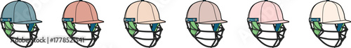 An assortment of professional cricket safety helmets with face guards, illustrated in a pastel color palette for team selection
