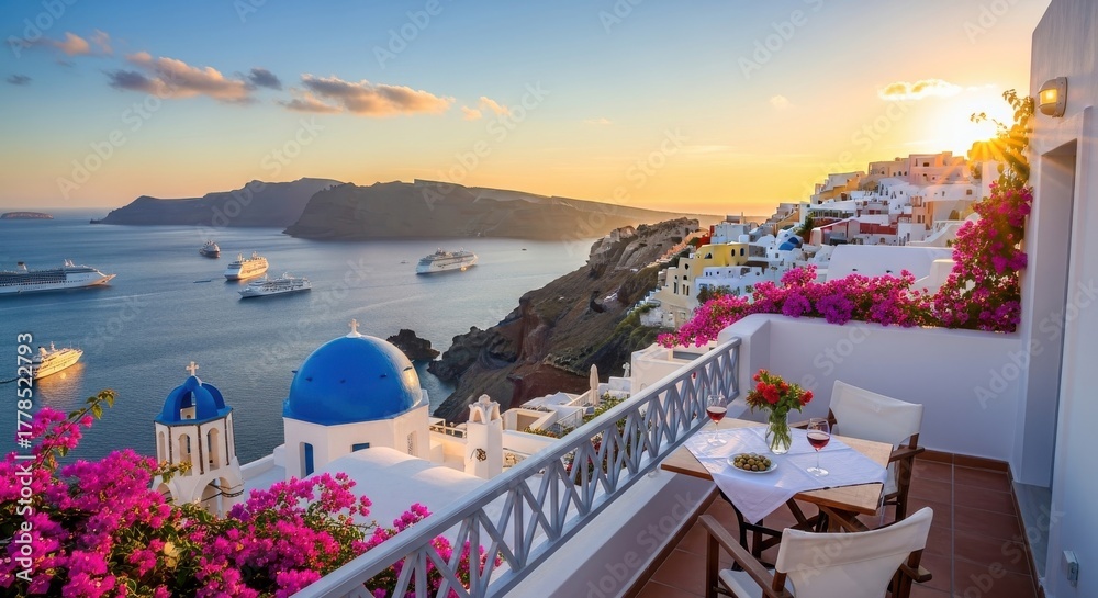 Obraz premium Santorini Serenity: Romantic Balcony View at Sunset with Aegean Sea Panorama