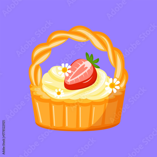 Basket-shaped tart filled with cream and strawberry topping in cute dessert style.
