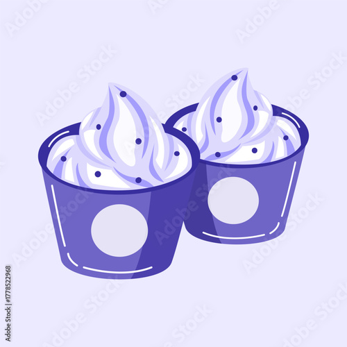 Two cups of soft serve ice cream with sprinkles in minimal purple dessert design.
