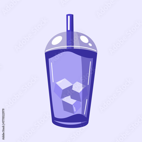 Purple bubble tea drink with ice cubes in a tall glass and straw.