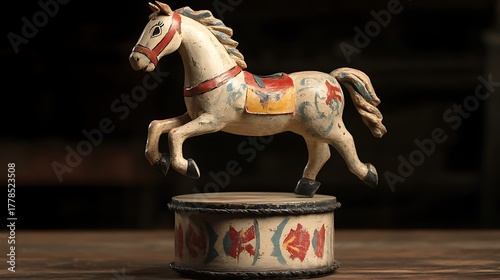 Stuffed horse standing on a toy drum