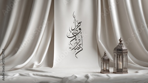 Elegant islamic calligraphy art displayed with decorative lanterns and soft draping fabric