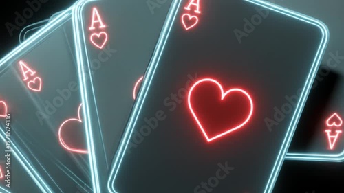 Neon-blue playing cards fanned, glowing red heart symbols amid scattered poker chips in darkness.!!!