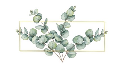 Elegant botanical arrangement featuring watercolor eucalyptus and a golden rectangular frame