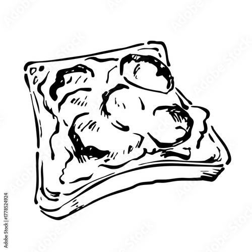 ピザトーストの手書きイラスト　モノクロ