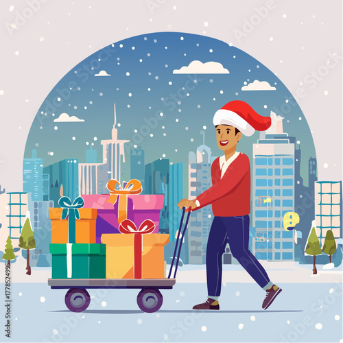 A man in a Santa hat pulling a cart full of colorful gifts through a snowy city on Christmas Day with a festive mood and winter scenery.