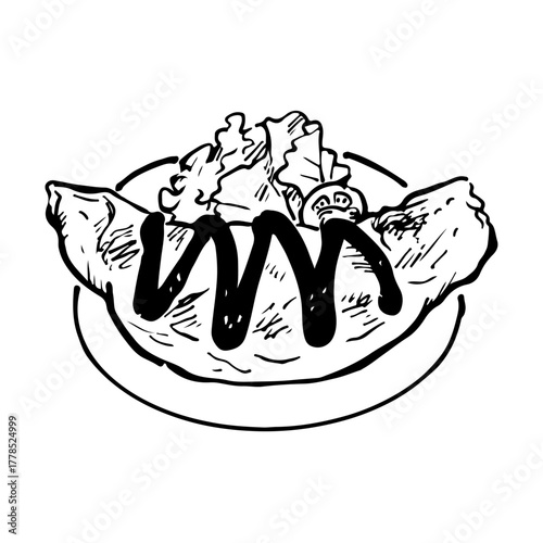 オムライスの手書きイラスト　モノクロ