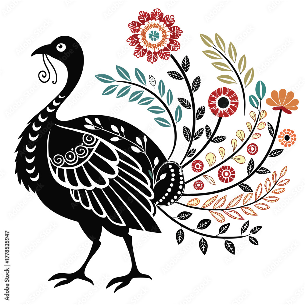 Fototapeta premium Floral Peacock Silhouette Design