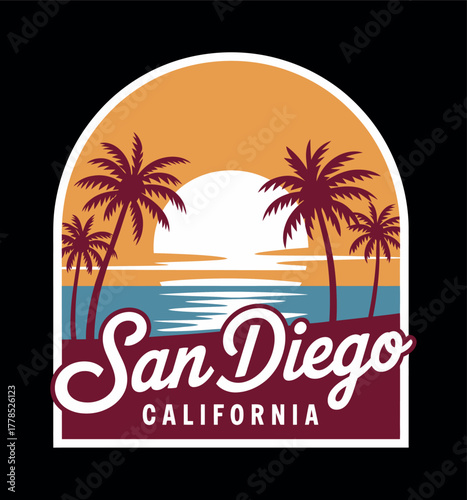 Beautiful San Diego California Vector Scene – Coastal Beaches and Clear Skies Depicted in Vibrant Summer Illustration for Tourism Artwork, Vacation Posters, T-Shirt Designs, and Coastal Lifestyle Grap