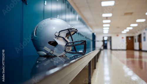 Silver Football Helmet Rests on a Bench in a Quiet School Locker Room