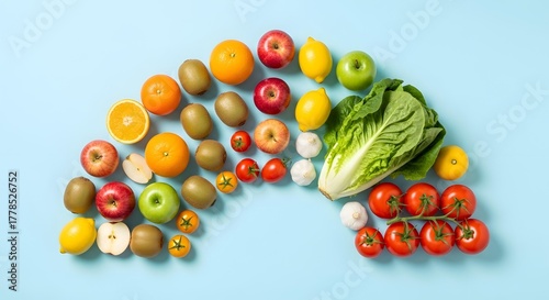 Colorful rainbow of fresh fruits and vegetables arranged on a blue background