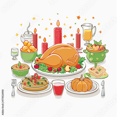 A festive holiday table setting with a roasted turkey, pumpkin pie, and various side dishes on a white background, adorned with red candles, star confetti, and warm lighting for Christmas