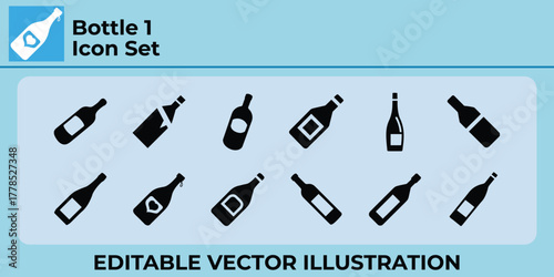 Diverse beverage bottle vector icon collection for drinks and parties.