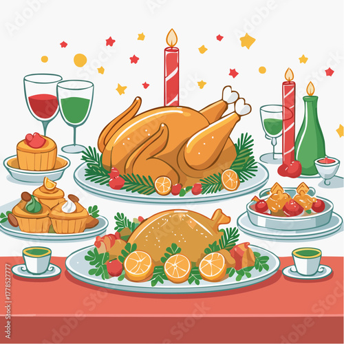 A festive holiday table setting with roasted turkey, candles, and various dishes on a red tablecloth, conveying a warm and inviting Christmas Day atmosphere with traditional seasonal food