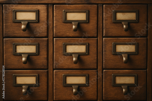 Vintage Wooden Card Catalog with Metal Hardware and Blank Labels