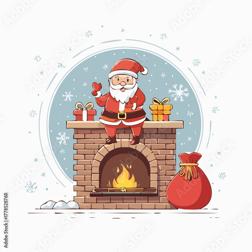 Illustration of Santa Claus sitting on a brick fireplace with gifts on Christmas Day, waving with a joyful expression against a snowy background.